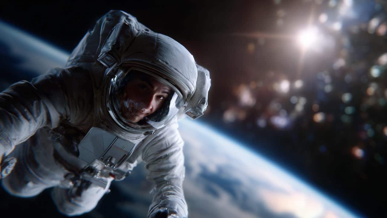 Un astronauta flota en la inmensidad del espacio, contemplando las estrellas y planetas distantes mientras está atado a la nave espacial, desafiando la gravedad y explorando el cosmos.