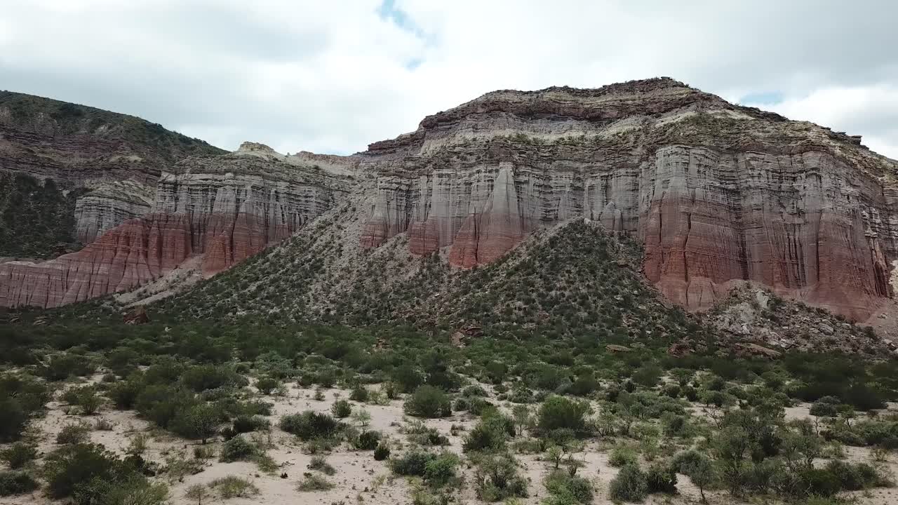 Talampaya National Park, Argentina. Tilt Up Aerial View of Cliffs and Desert Landscape