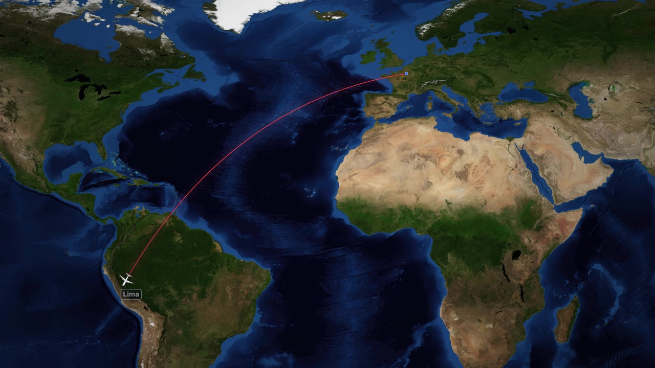Satellite world map animation follows an airplane flying from Paris to Lima with red line