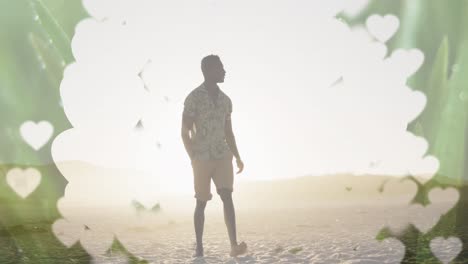 animación de una pancarta con espacio de copia sobre un hombre afroamericano caminando por la playa