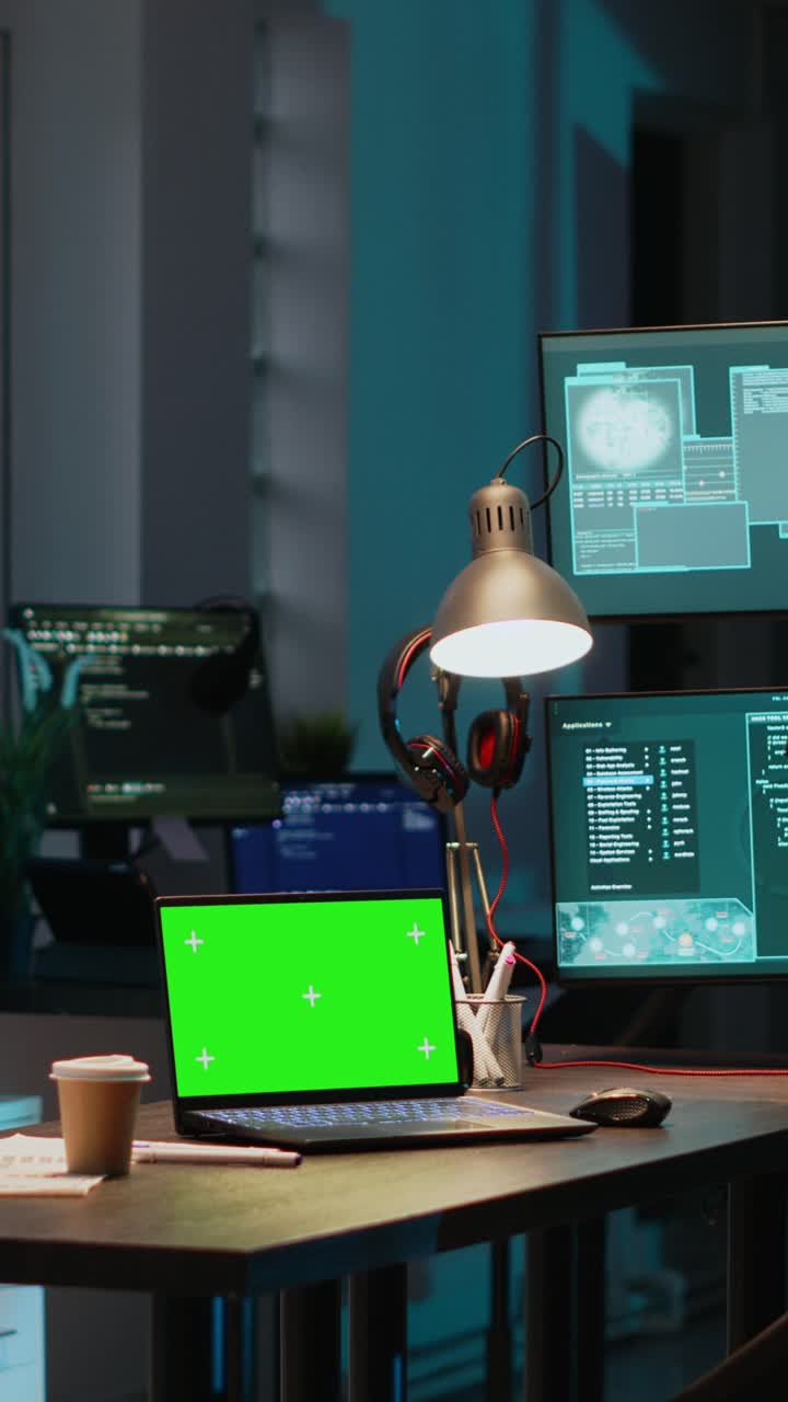 Video verticale: hacker maschio che usa il green screen per entrare in un server IT