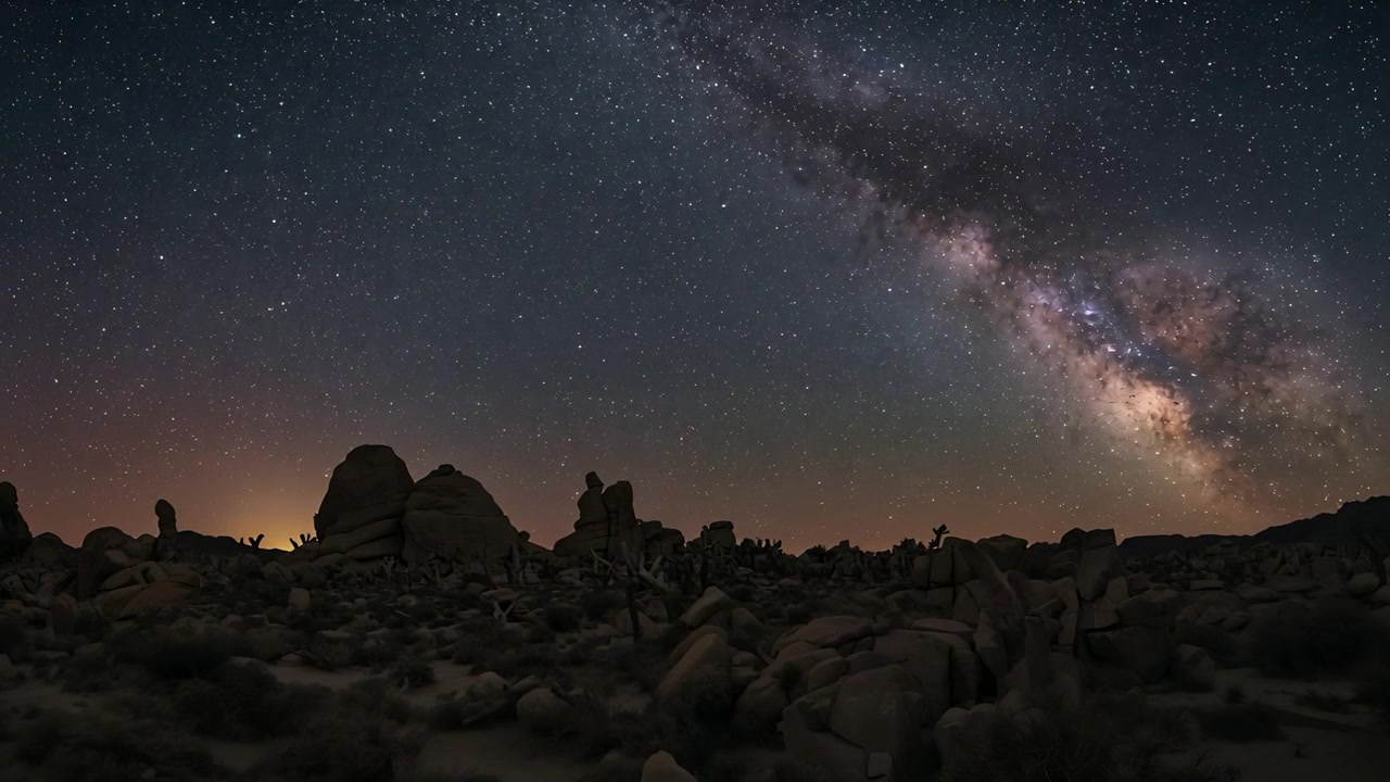 Showing Milky Way band shifting right and upward over rocky desert horizon at night, Earth rotating