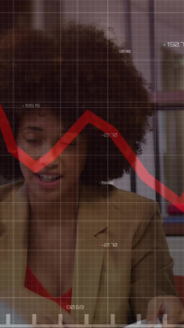 Animation of changing numbers and red graph against group of diverse colleagues discussing at office