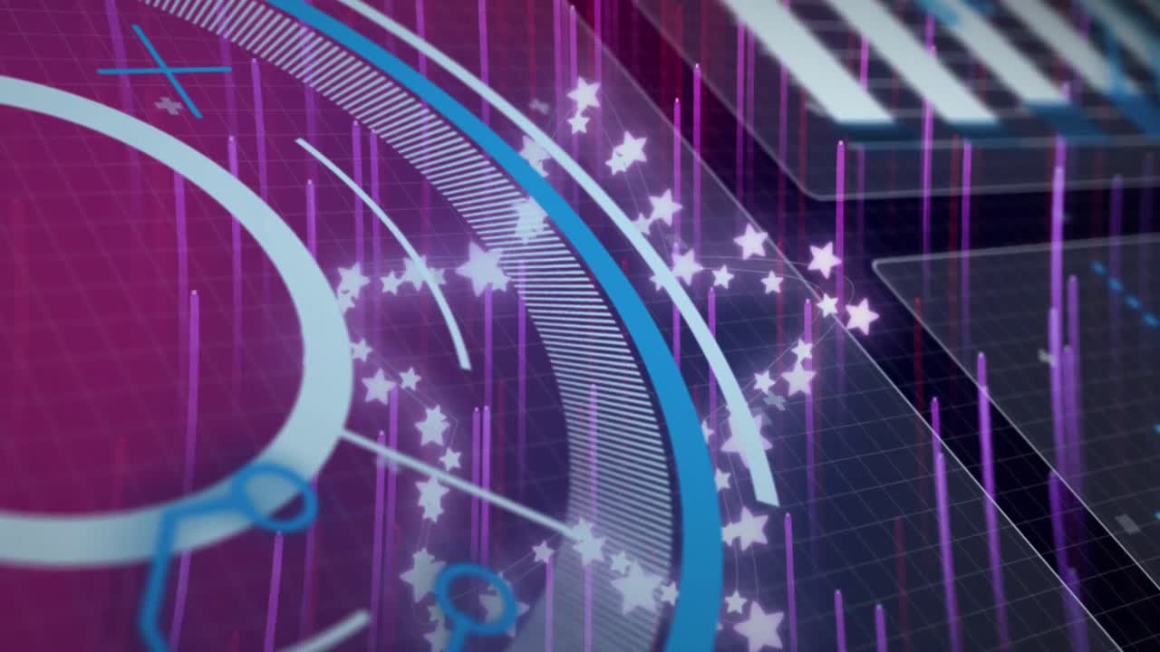 Animation of data processing and stars over light trails on purple background