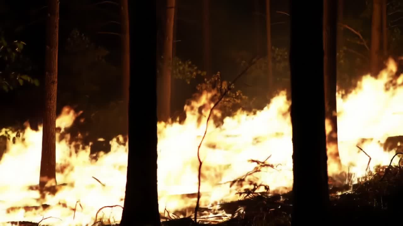 Intense Forest Fire Consumes Trees Near Secluded Woodland Area at Night