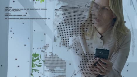 animation of data processing over caucasian businesswoman using smartphone