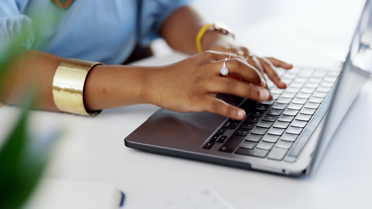 Laptop, business and hands typing in office