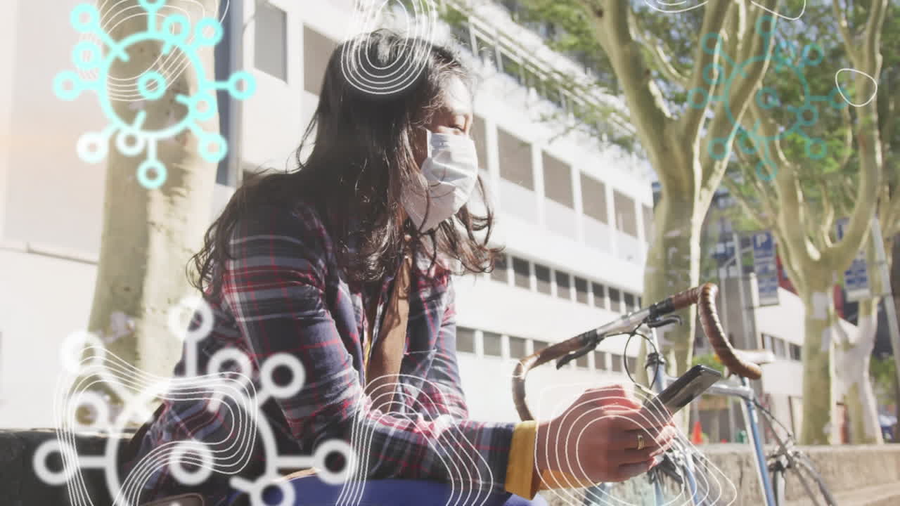 다수의 박테리아 위에 벤치에 앉아 있는 마스크를 쓴 여성의 애니메이션