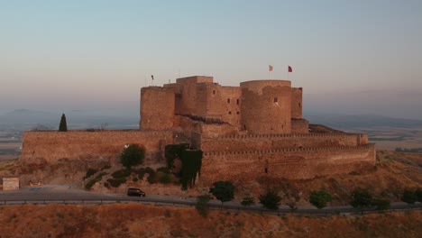 a drone shot along the consuegra´s castle in consuegra, toledo, spain