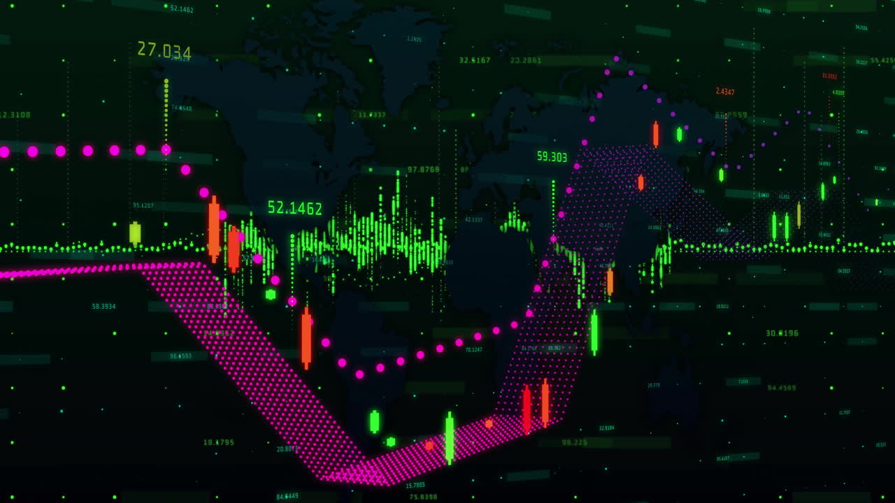 금융 데이터 및 주식 시장 트렌드 세계 지도 배경에 대한 애니메이션