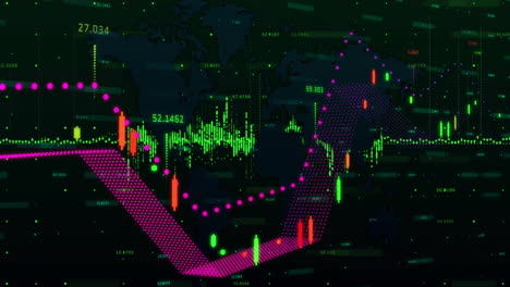 financial data and stock market trends animation over world map background