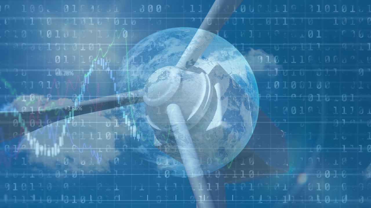 바이너리 코딩 금융 데이터 처리 및 풍력 터빈 위의 지구의 애니메이션