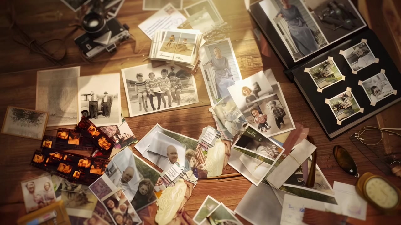 Collection of Vintage Family Photographs and Memories on a Wooden Table