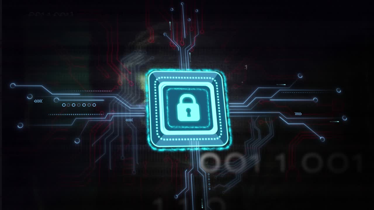 Cyan security chip appearing rotated and pulsing, sending pulses along circuits, showing protection