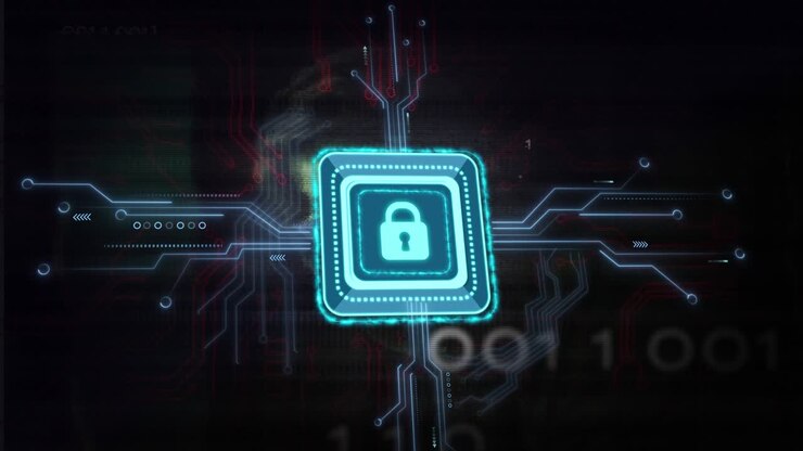 Cyan security chip appearing rotated and pulsing, sending pulses along circuits, showing protection