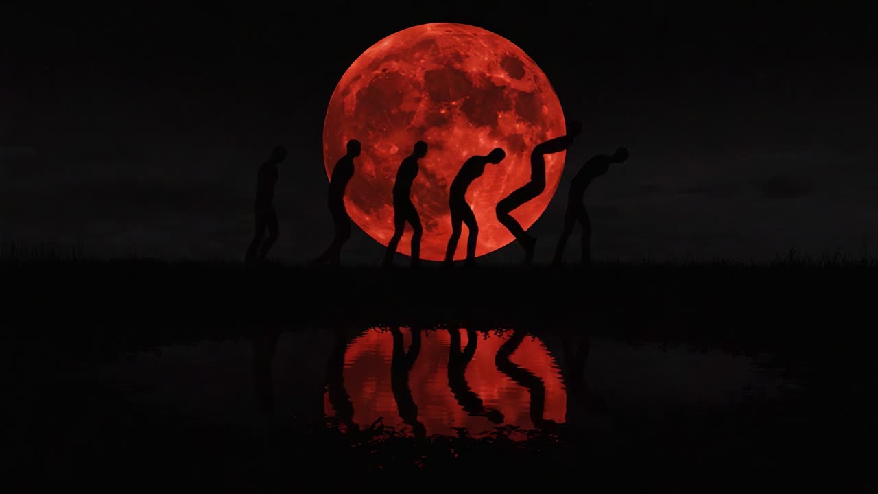 A Haunting Journey Through Shadows: Silhouetted Figures Under a Vibrant Blood Moon Reflecting on Still Waters in the Night Sky