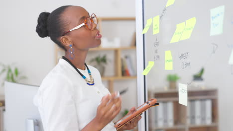 Black woman, tablet and thinking for business