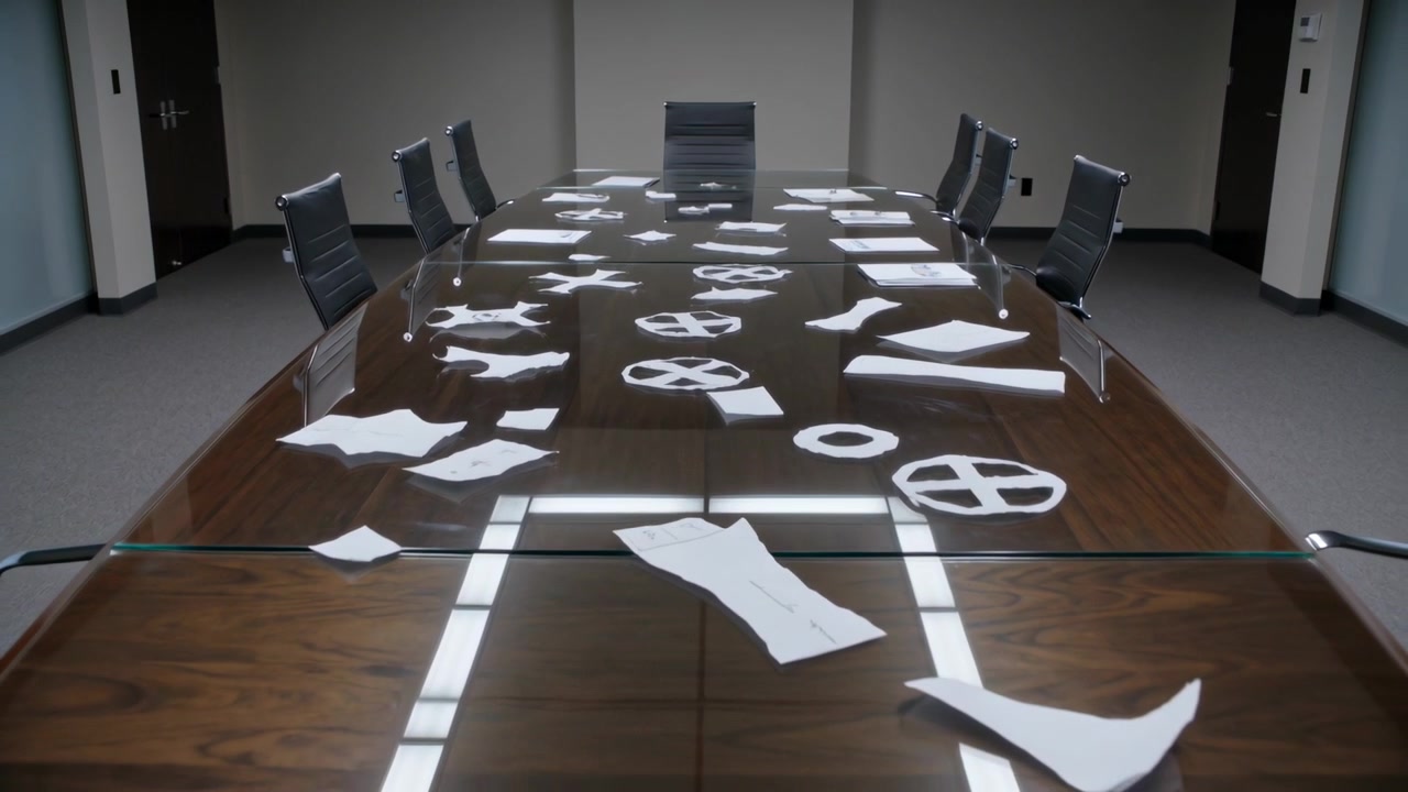 Ritagli di carta registrati che si muovono in avanti su una striscia di vetro del tavolo da conferenza in una sala riunioni.