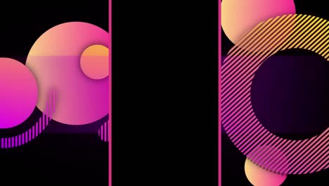 animación de esferas y anillos rosados y naranjas sobre fondo negro divididos por líneas rosadas