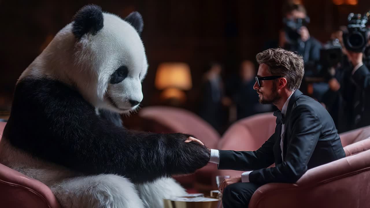 An Unforgettable Meeting: A Man in Classy Attire Engages in a Unique Handshake with an Endearing Panda in an Elegant Setting, Highlighting Unexpected Connections Across Species