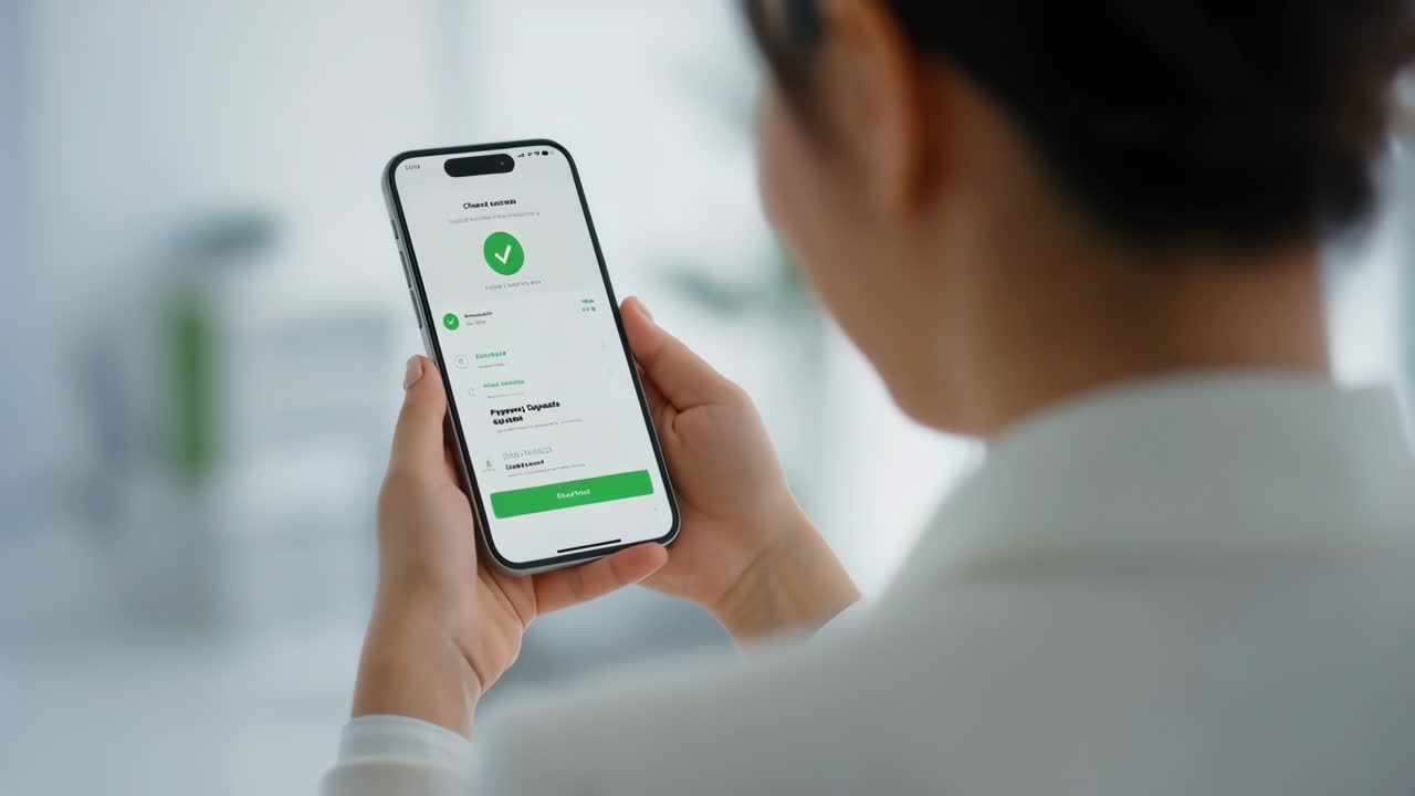 Person using a smartphone with a banking or payment application showing a successful transaction