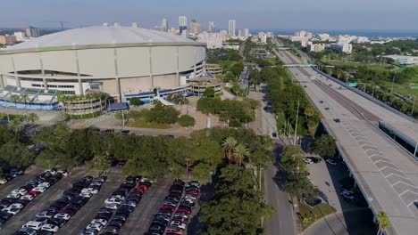 4K-Aerial-Drone-Video-of-Tropicana-Field-and-Full-Parking-Lots-next-to-Interstate-275-in-Downtown-St