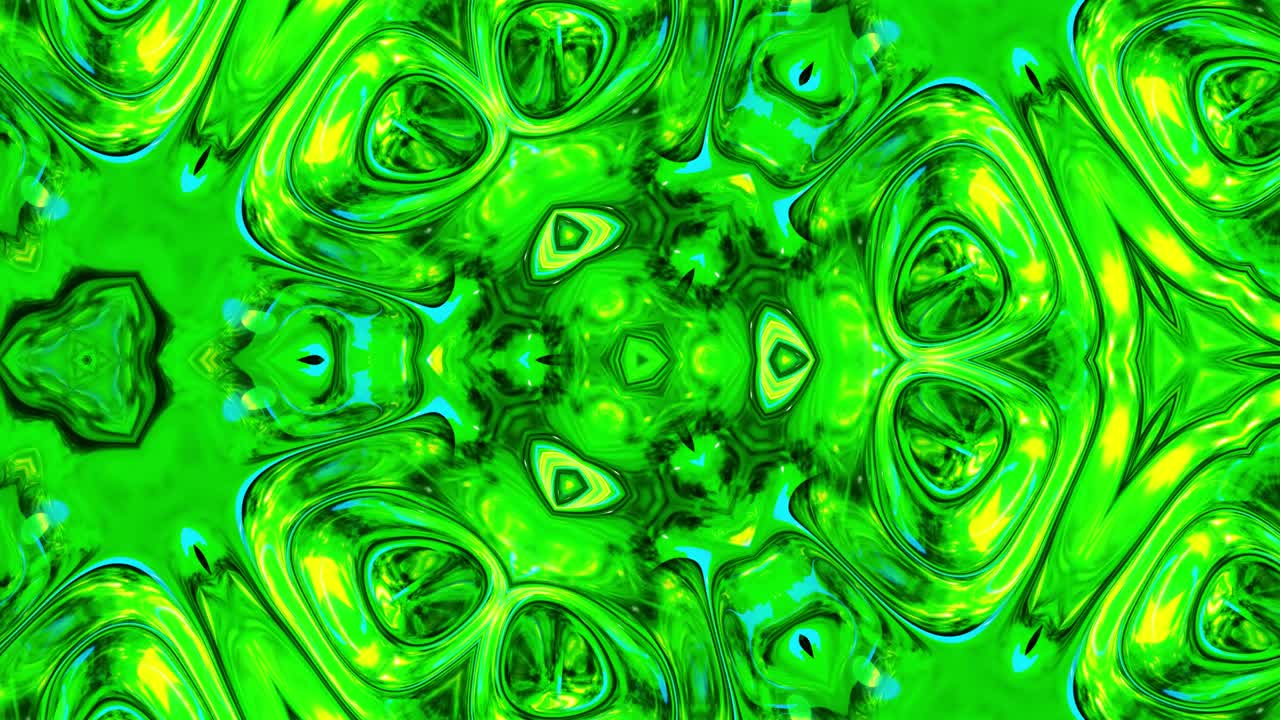 жидкий зеленый симметричный рисунок, похожий на калейдоскоп с волнами. 3d стильный цикл абстрактный bg, волнистая структура блестящего жидкого стекла с красивыми градиентными цветами. 4k