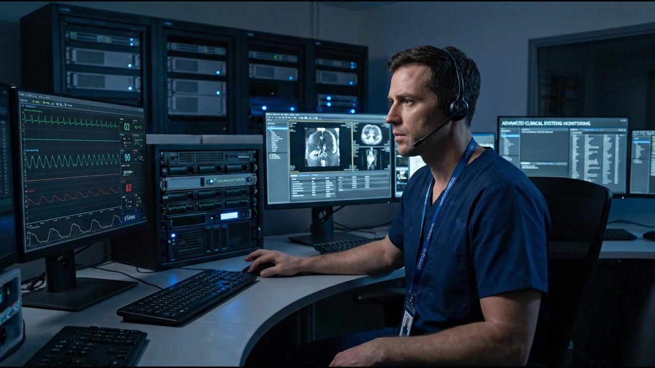 Medical Professional Monitoring Patient Data in Hospital Control Room