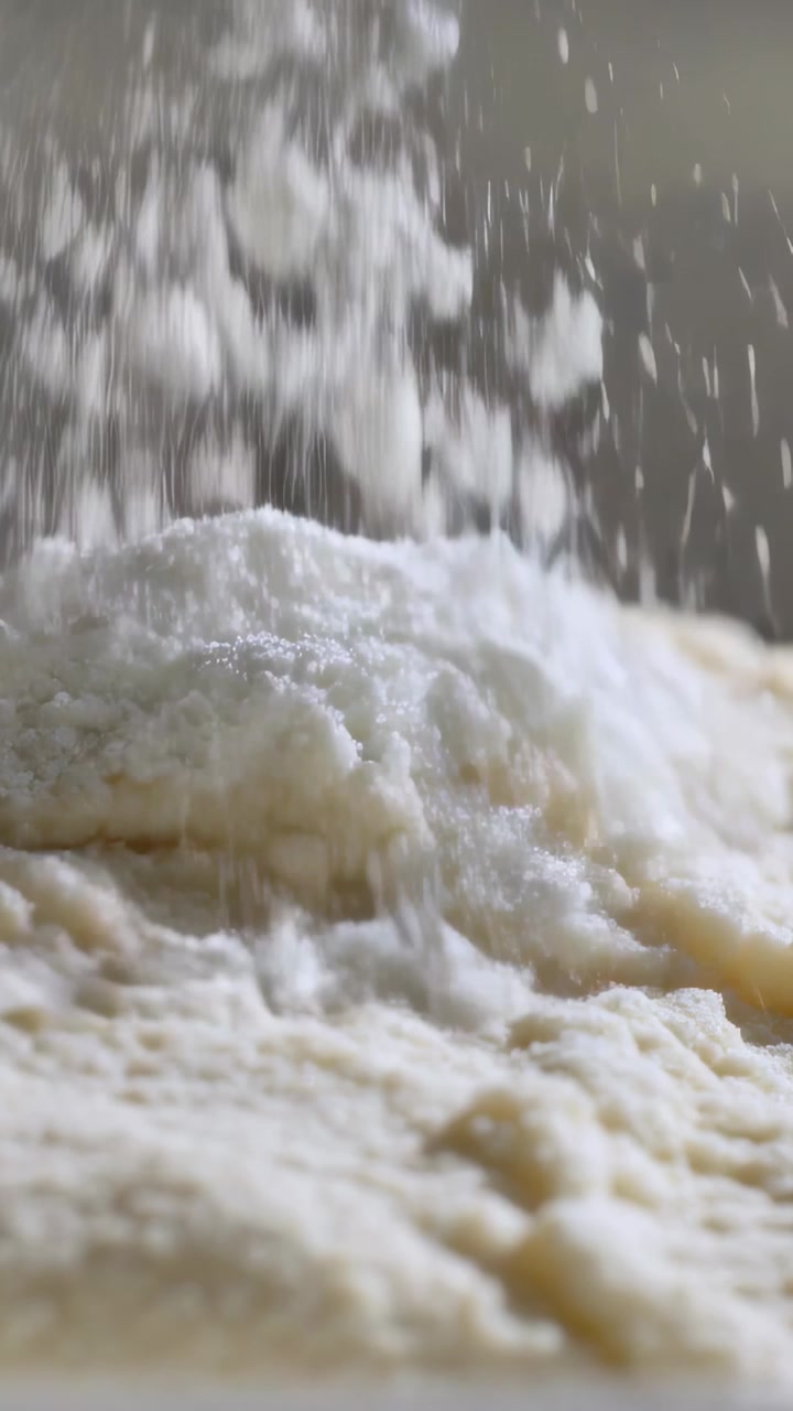 Video verticale: Dispenser nascosto che sparge farina su un impasto chiaro su un tavolo, formando una pila di polvere.