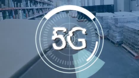 5g escrito en el medio de un círculo futurista y un almacén