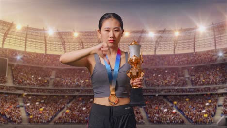 atleta decepcionado con el trofeo en un estadio