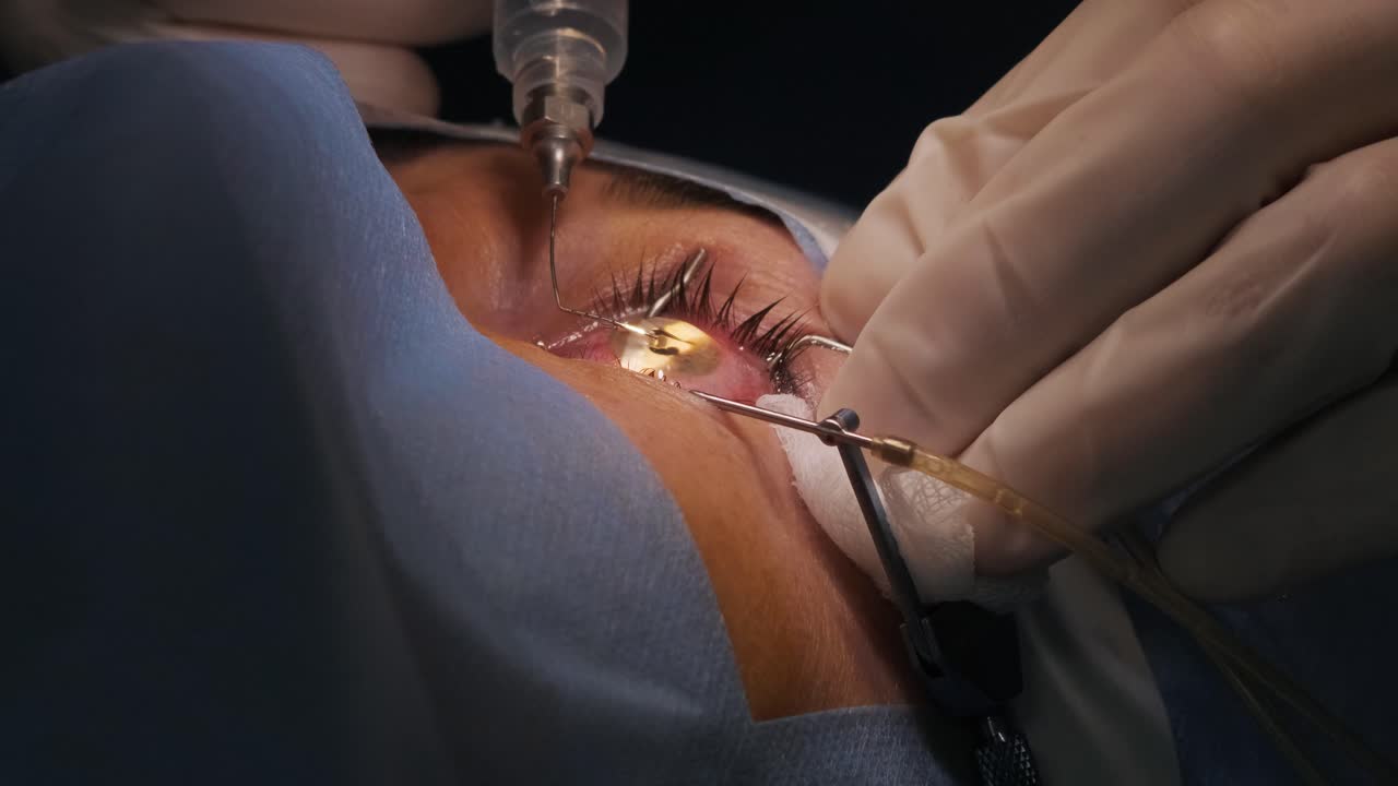 Correção da visão a laser. Paciente e equipe de cirurgiões na sala de cirurgia durante cirurgia oftálmica. Espéculo palpebral. Tratamento Lasik. Paciente sob cobertura estéril