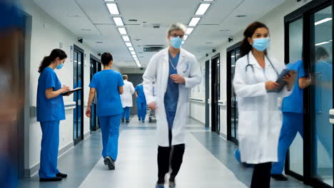 medical staff and patients in hospital hallway