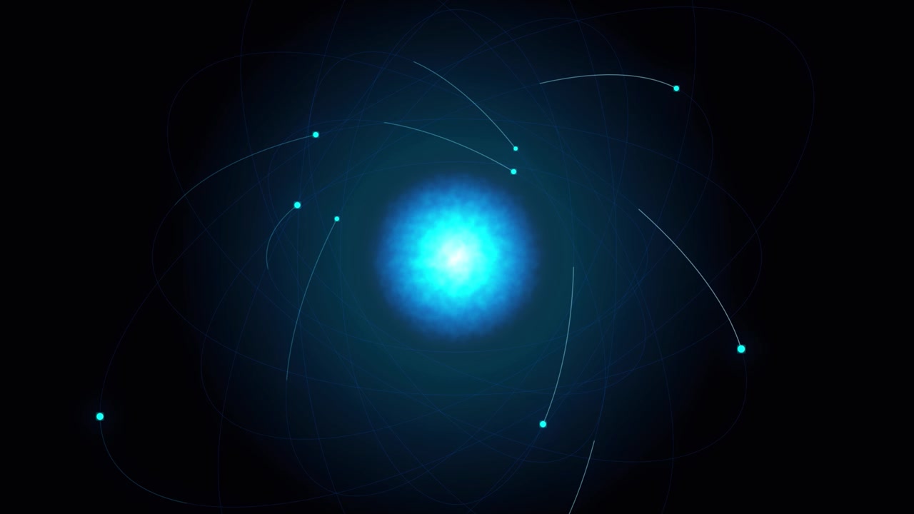 Yörüngesinde dönen elektronlara sahip parlayan mavi atomun soyut animasyonu