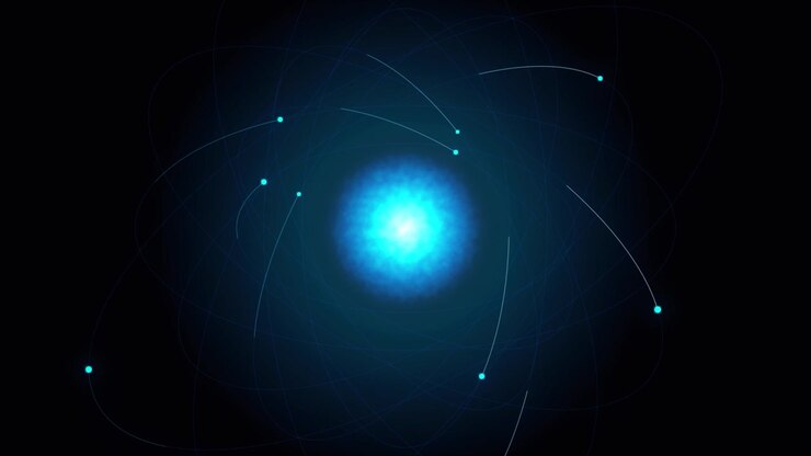 Yörüngesinde dönen elektronlara sahip parlayan mavi atomun soyut animasyonu