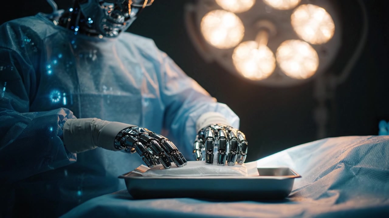 Futuristický robotický chirurg připravuje chirurgické nástroje v moderním operačním sále, osvětleném jasnými chirurgickými světly a pokročilou lékařskou technologií.