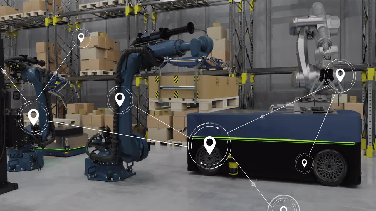 Animation of network of conncetions with icons over robotic arms and boxes in warehouse