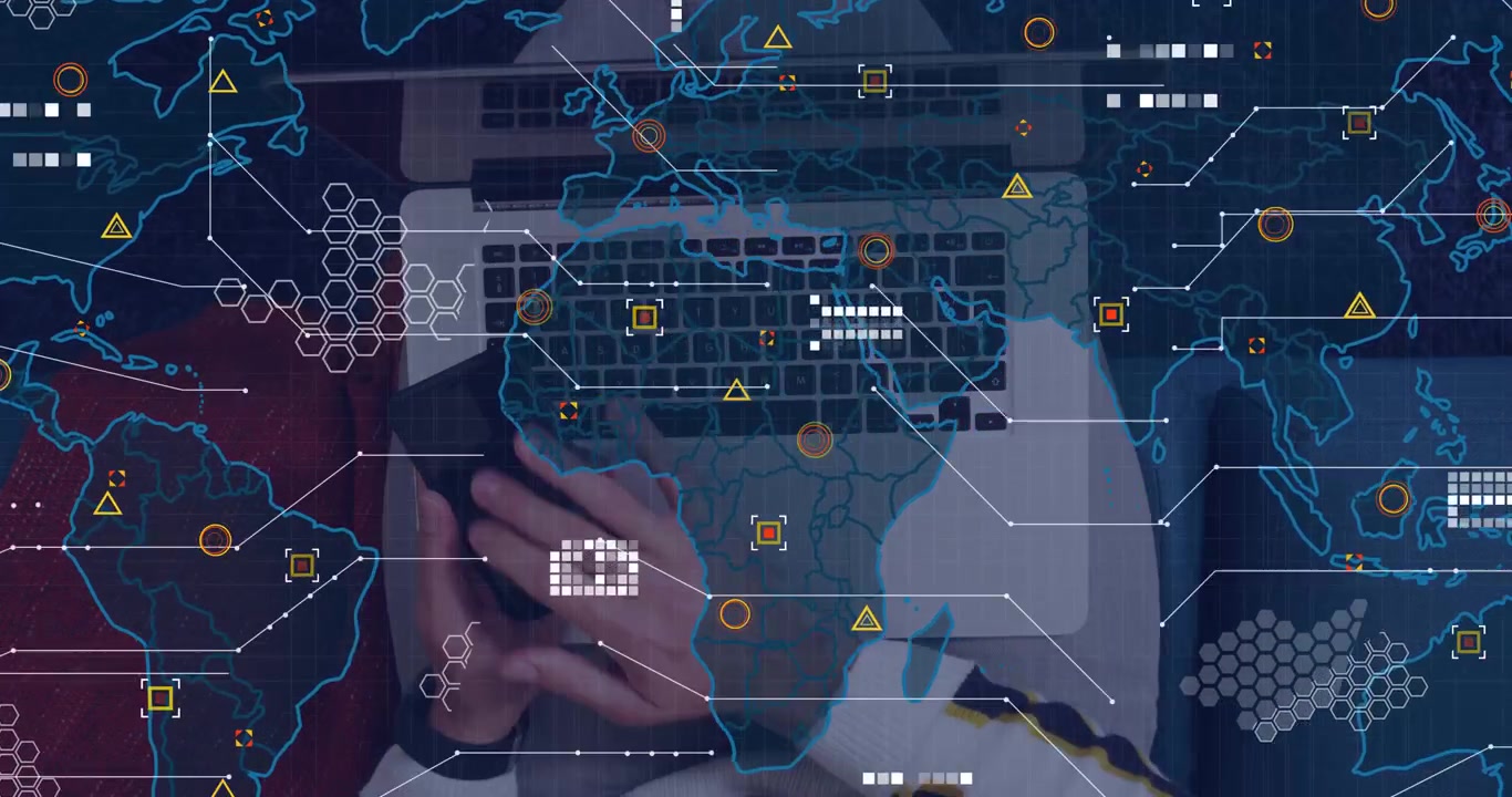 Male IT pro tapping phone, shifting to laptop, initiating world map HUD overlay for networking