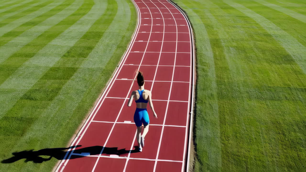 Female Athlete Running on a Red Track, Aerial View