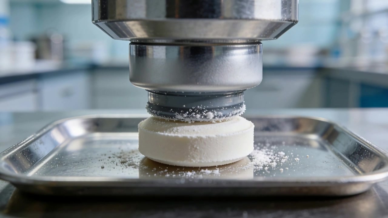 Starting press lowering compression head onto round white tablet at lab bench for tablet testing