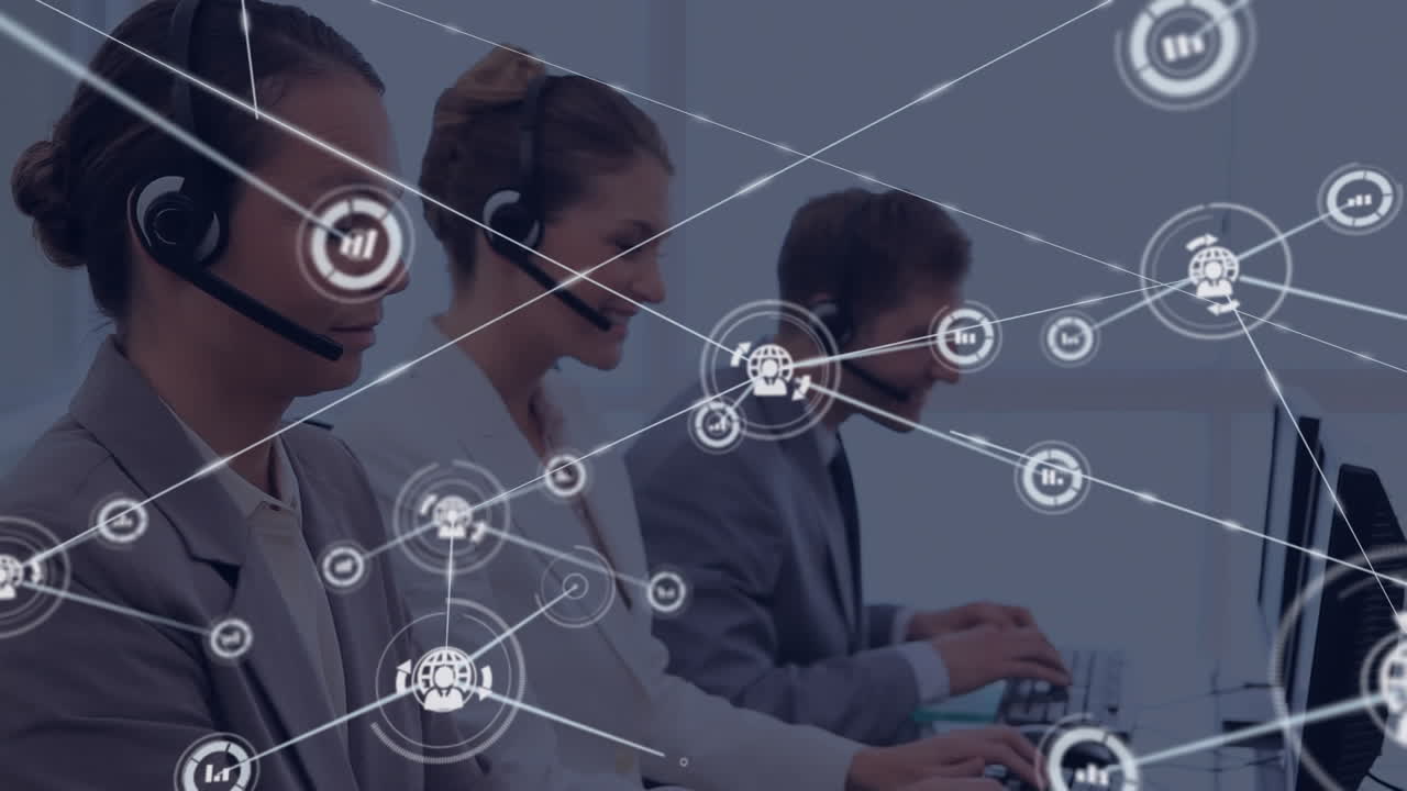 Animation of network of digital icons against team of diverse colleagues working at office