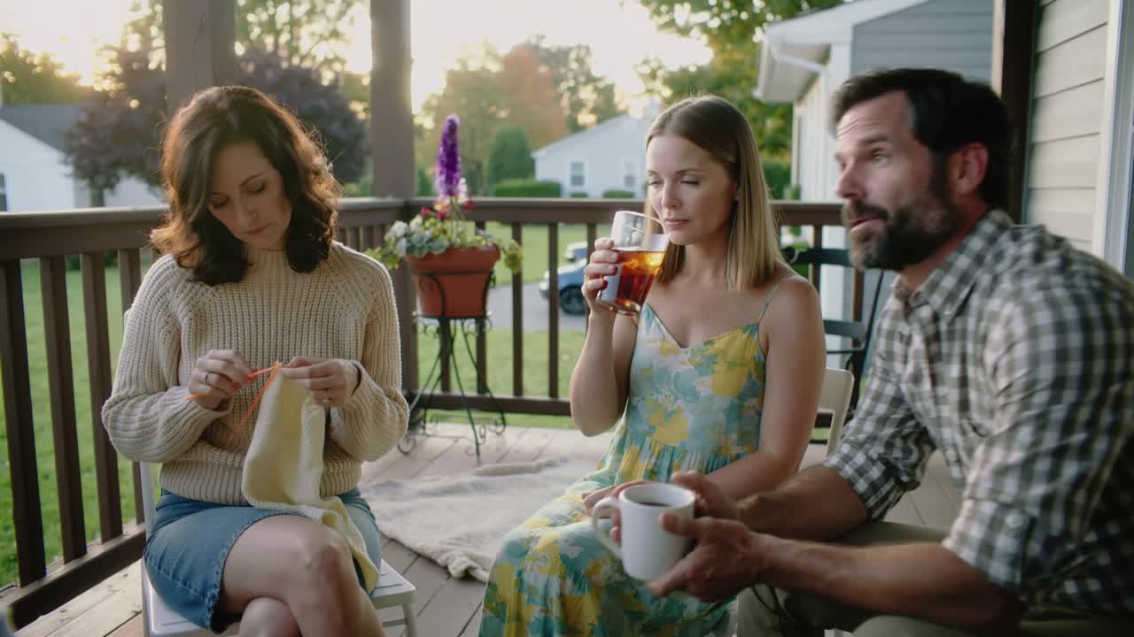 Sipping woman in floral dress offering iced glass for knitter on porch, knitting needles visible