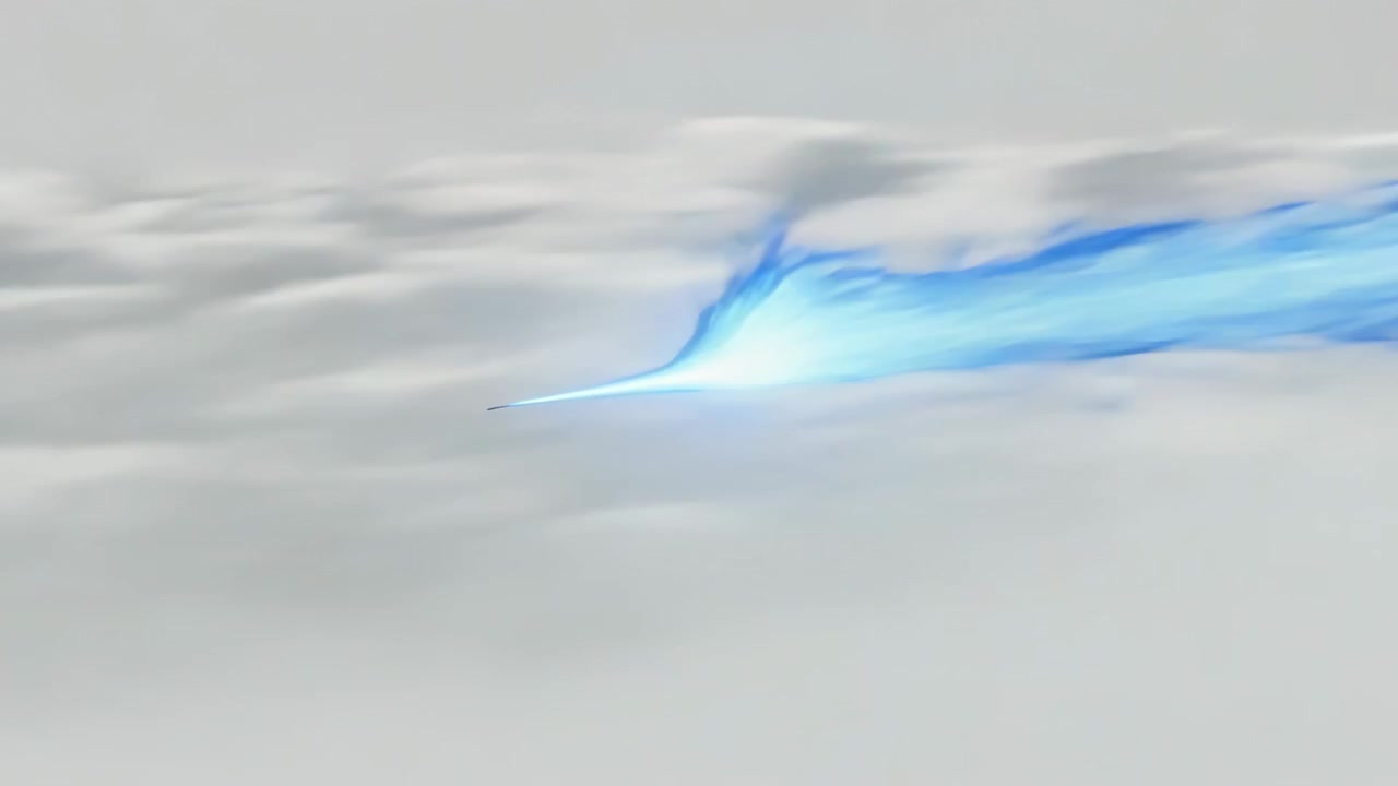 右端から現れた青い光の筋が雲の層の上を左へ移動し、暗い先端と光る尾を見せている