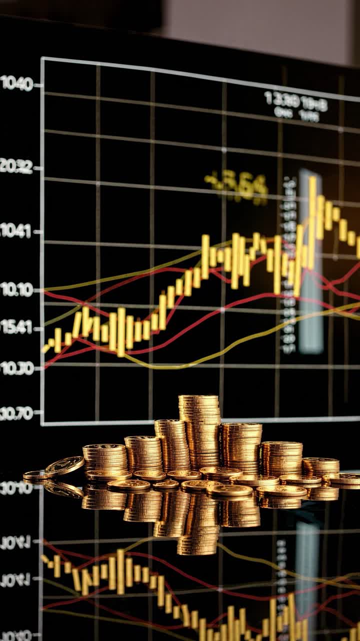 Lavvinkelbillede af stablede mønter, der reflekterer på en overflade, med en finansiel graf i baggrunden