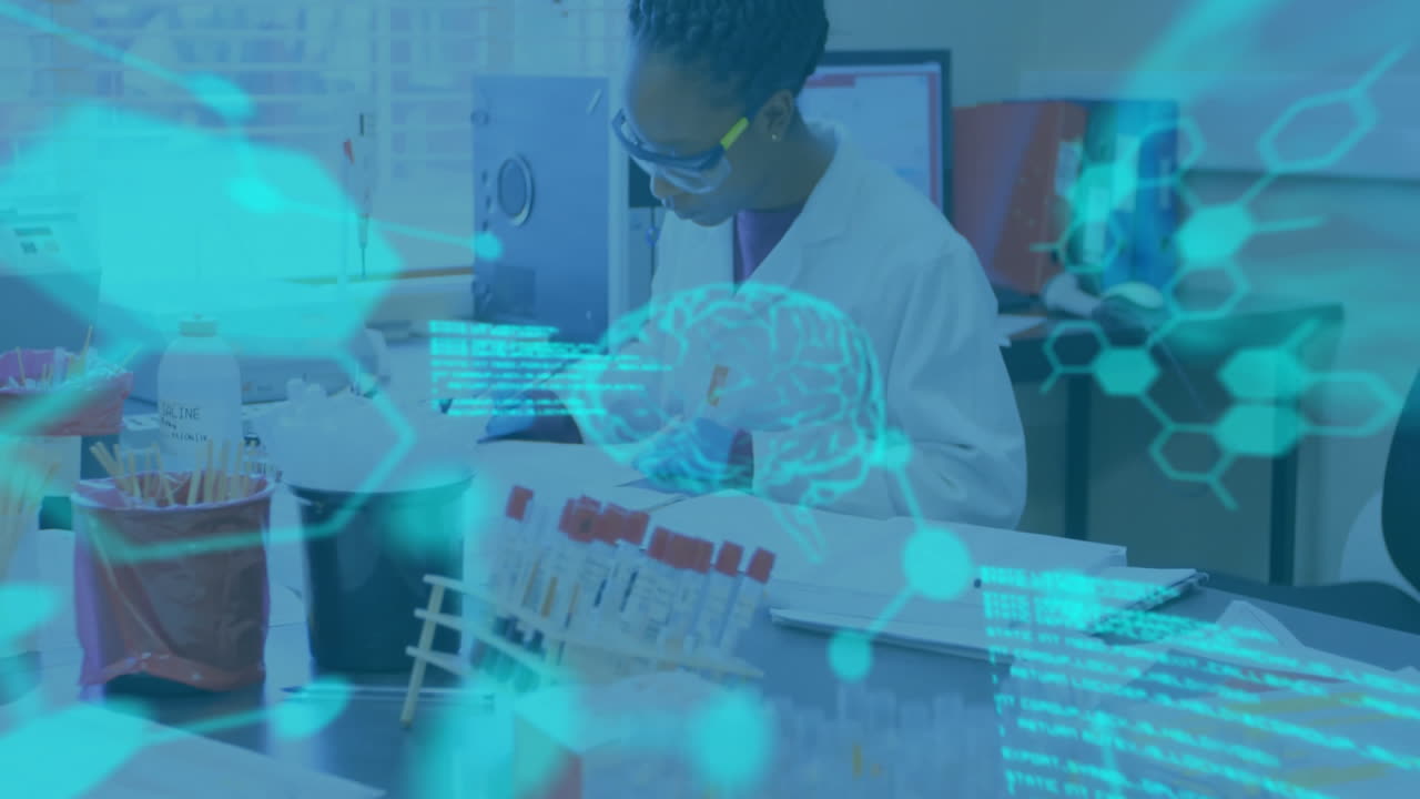 científico que trabaja en el laboratorio con el cerebro y las estructuras moleculares animación más