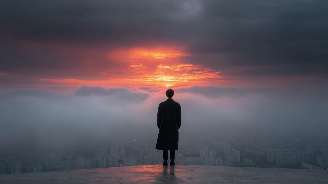 A solitary figure stands at the edge of a misty cityscape, gazing at a stunning sunrise that breaks through the clouds, casting an ethereal glow and illuminating the horizon