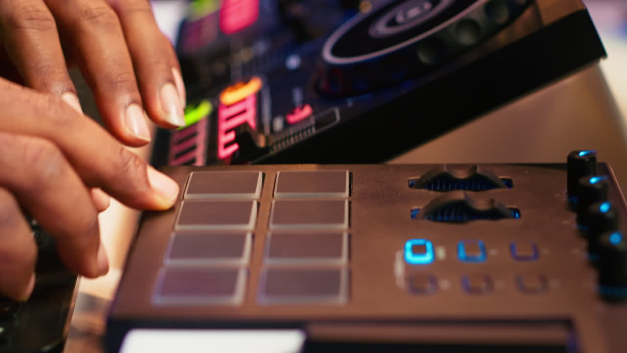 가정 스튜디오에서 싱 콘솔에서 새로운 음악을 제작하는 오디오 엔지니어