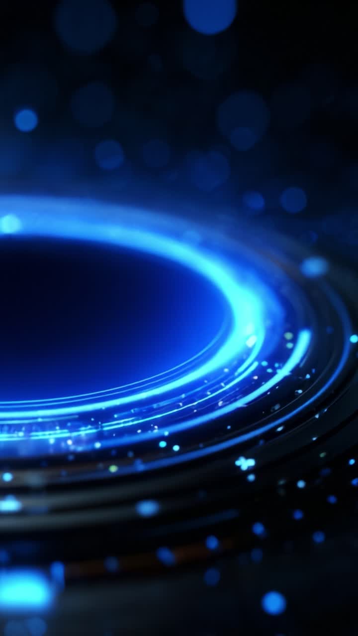 Affascinante illuminazione cosmica: un approfondimento su un mistico bagliore circolare con enigmatiche particelle blu fluttuanti nell'eterea oscurità