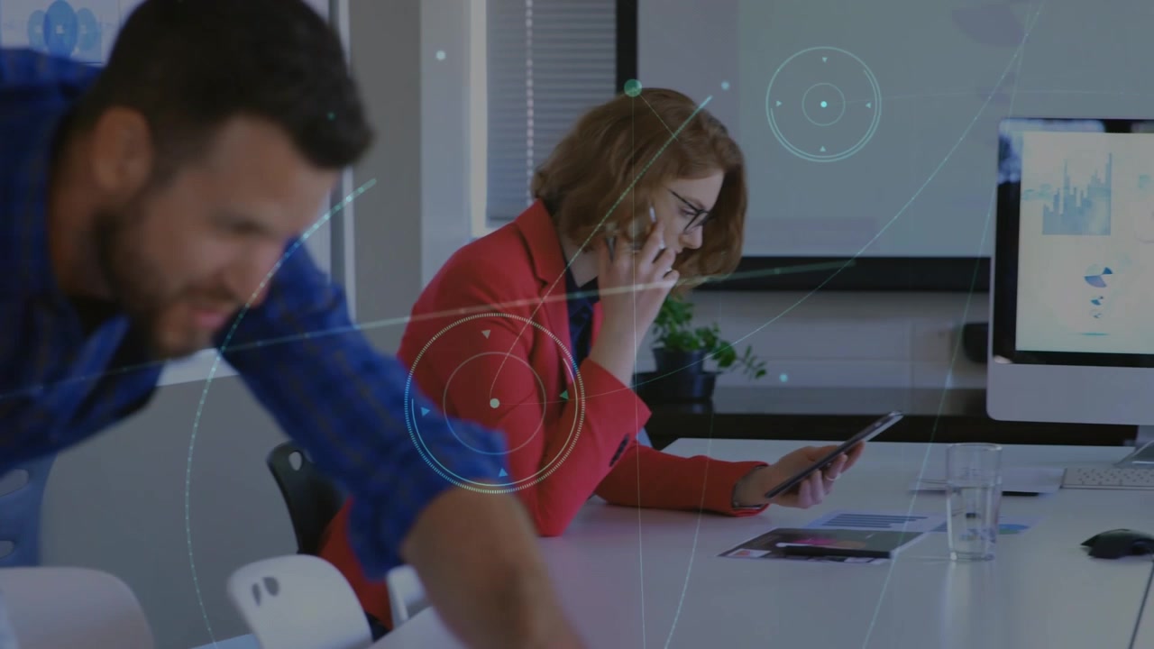 Business Team Working in Modern Office with Digital Data Overlay