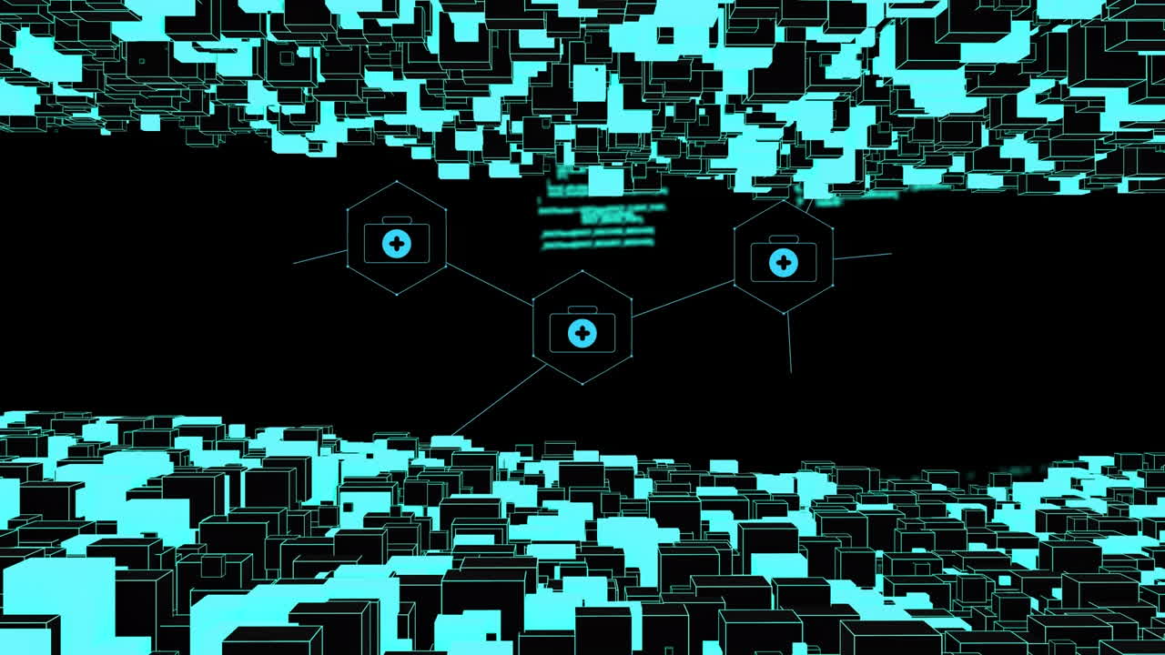 Animation of medical icons and data processing on black background